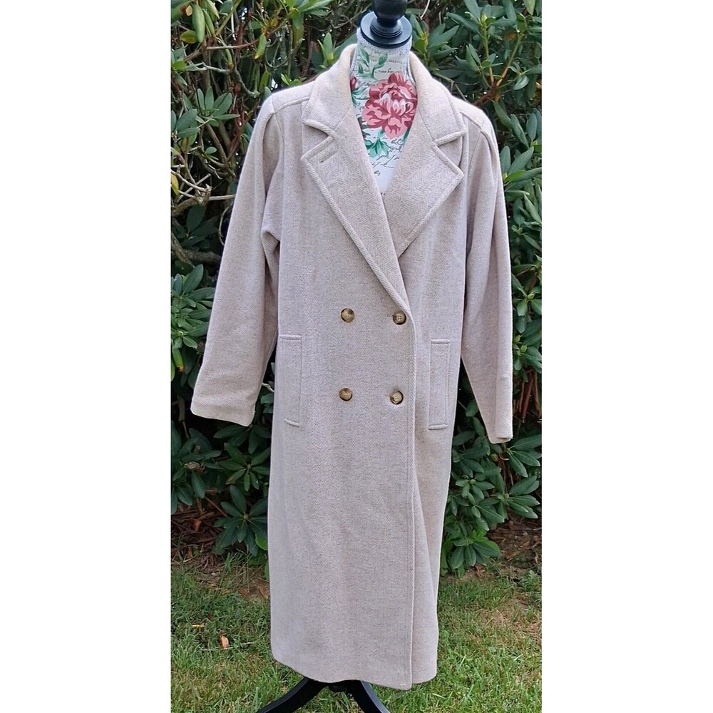 Freddi-Gail Women 2 Beige Herringbone Wool Blend Double Breasted Lined Overcoat